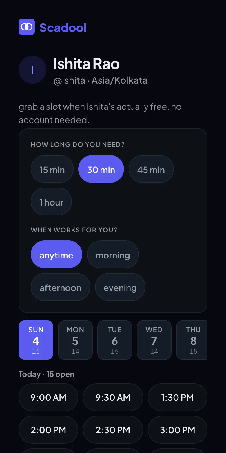 A Scadool booking page offering open times to pick from.